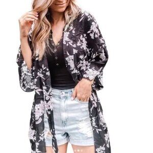 Spiritual Gangster Womens Floral Kimono Black & White One Size Wrap